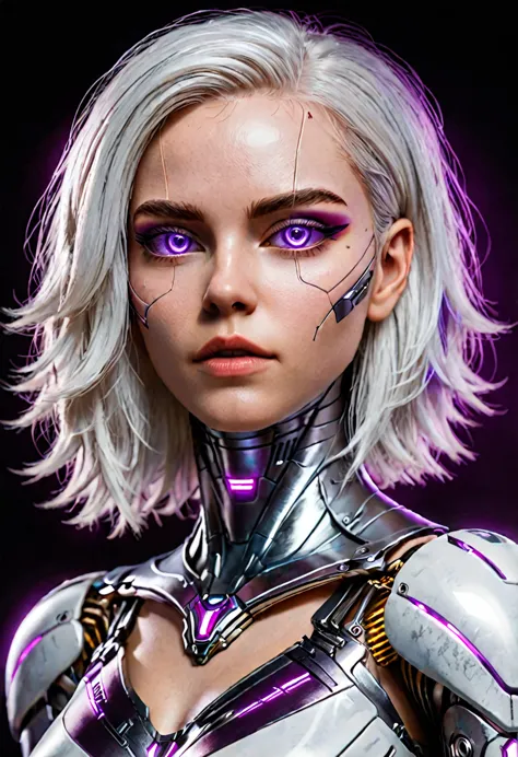 hyperrealistic art zavy-cbrpnk, portrait de mulher branca cyborg mixed, mesmerizing purple illuminated eyes, long white hair, lo...