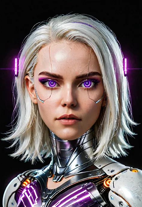 hyperrealistic art zavy-cbrpnk, portrait de mulher branca cyborg mixed, real mesmerizing purple illuminated eyes, long white hai...