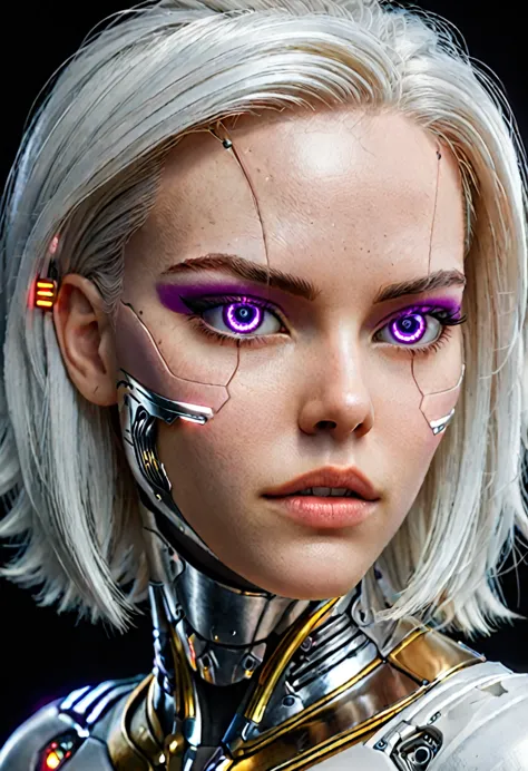 hyperrealistic art zavy-cbrpnk, portrait de mulher branca cyborg mixed, real mesmerizing purple illuminated eyes, long white hai...