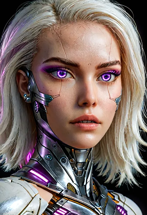 hyperrealistic art zavy-cbrpnk, portrait de mulher branca cyborg mixed, real mesmerizing purple illuminated eyes, long white hai...