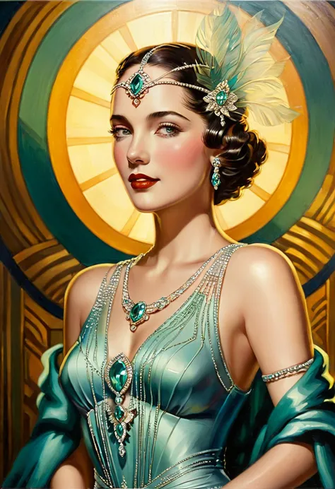 art deco woman, in style of Elifcan, fantasy studio lighting oil on canvas beautiful high detail crisp quality