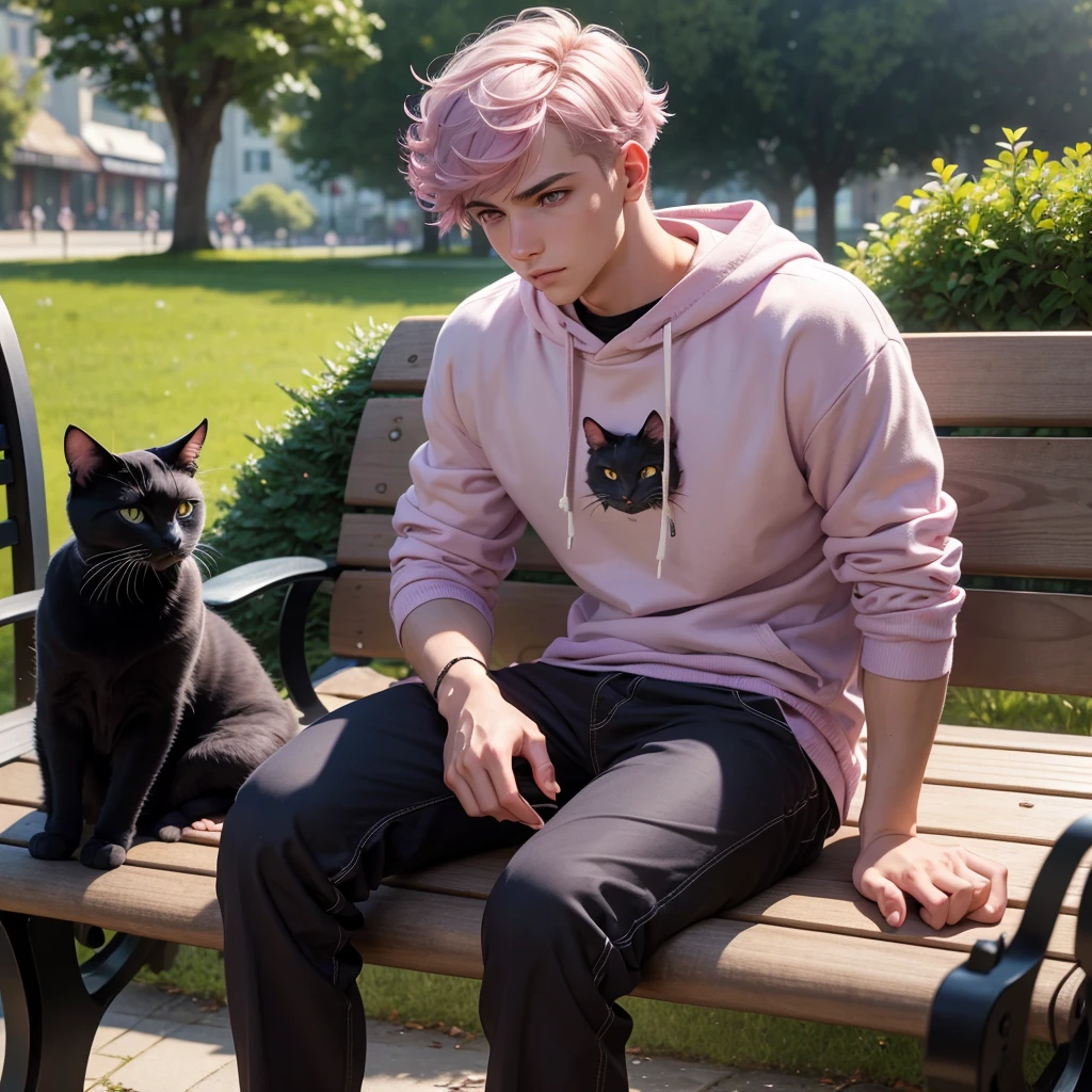 (Realistic style) 1 man, young man, focus alone, adult, young adult face, short pink hair, wavy hair, purple eyes, white sweatshirt casual clothing, stroking a black cat sitting on a bench in a park, perfect cat, detailed cat, realistic and dynamic pose Realistic, detailed and correct facial structure