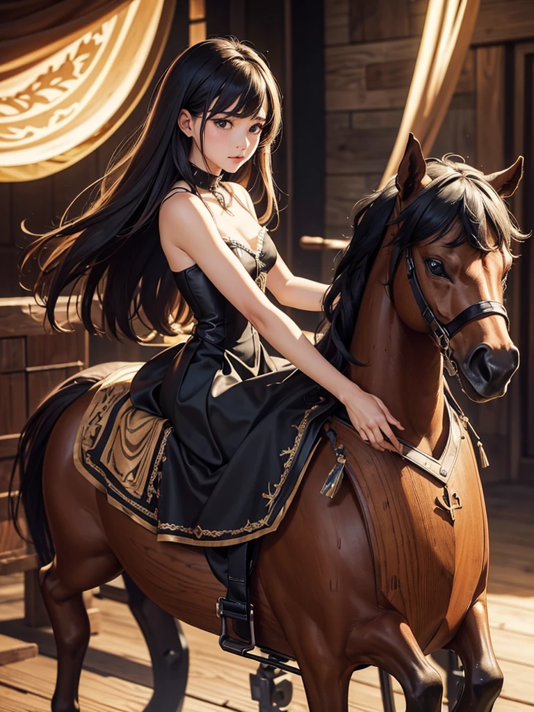 ((((Best Quality, 8K, 32K, masterpiece, 1.2)))),{{solo}},nsfw,{{{Artist: EUPHORIA's style}}},((perfect beautiful face:1.2)),  slender body, wearing gothic dress, wearing fishnet tights, bdsm, ((wooden horse, riding on top of wooden horse:1.2)),((peeing, leaking pee from pussy:1.1)), embarrassed, endure of pain,