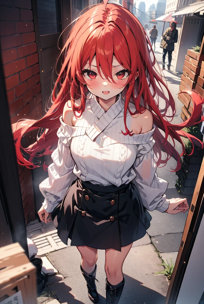 Shana,Shakugan no Shana,Long Hair, Redhead, Red eyes,Ahoge,happy smile, smile, Open your mouth,Oversized red one-shoulder sweater,black long skirt,short boots,Daytime,sunny,Walking,whole bodyがイラストに入るように, BREAK outdoors, Building district, BREAK looking at viewer, whole body, BREAK (masterpiece:1.2), Highest quality, High resolution, unity 8k wallpaper, (shape:0.8), (Beautiful attention to detail:1.6), Highly detailed face, Perfect lighting, Highly detailed CG, (Perfect hands, Perfect Anatomy),