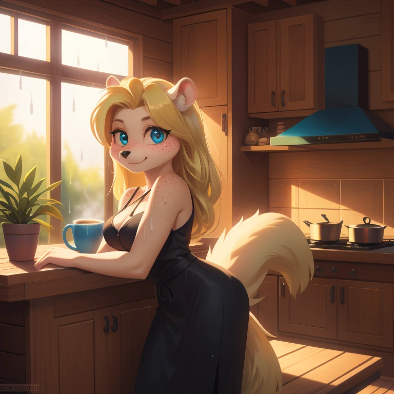 minerva, medium breast,
(detailed blonde hair:1.4), (detailed perfect eyes:1.2), white fur, (detailed fluffy fur:1.2), perfect hourglass body, mink snout, (long fluffy blonde tail:1.3), beautiful black eyes, relaxed pose, looking at viewer,
(freckles:1.2), light smile,
serving coffee,
(masterpiece:1.2), (best quality:1.2), (intricate:1.2), (highly detailed:1.2), (sharp:1.2), (8k:1.2), (highres:1.2),
cinematic summer tropical lighting, vivid colors,
kitchen, wooden cabin,
window, forest, rain,
aliceinwonderlandoutfit