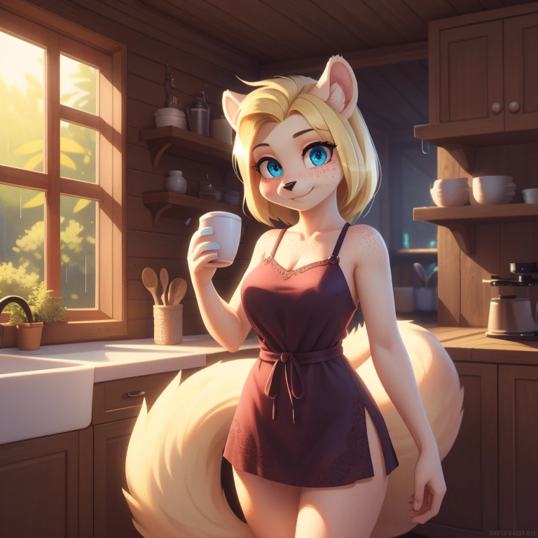 minerva, medium breast,
(detailed blonde hair:1.4), (detailed perfect eyes:1.2), white fur, (detailed fluffy fur:1.2), perfect hourglass body, mink snout, (long fluffy blonde tail:1.3), beautiful black eyes, relaxed pose, looking at viewer,
(freckles:1.2), light smile,
serving coffee,
(masterpiece:1.2), (best quality:1.2), (intricate:1.2), (highly detailed:1.2), (sharp:1.2), (8k:1.2), (highres:1.2),
cinematic summer tropical lighting, vivid colors,
kitchen, wooden cabin,
window, forest, rain,
aliceinwonderlandoutfit