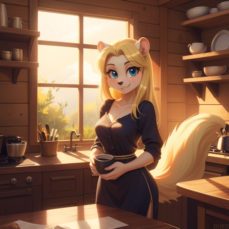 minerva, medium breast,
(detailed blonde hair:1.4), (detailed perfect eyes:1.2), white fur, (detailed fluffy fur:1.2), perfect hourglass body, mink snout, (long fluffy blonde tail:1.3), beautiful black eyes, relaxed pose, looking at viewer,
(freckles:1.2), light smile,
serving coffee,
(masterpiece:1.2), (best quality:1.2), (intricate:1.2), (highly detailed:1.2), (sharp:1.2), (8k:1.2), (highres:1.2),
cinematic summer tropical lighting, vivid colors,
kitchen, wooden cabin,
window, forest, rain,
aliceinwonderlandoutfit