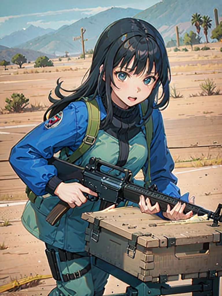 (masterpiece, best quality:1.2), solo, 1girl, using an m16a2, desert backdrop