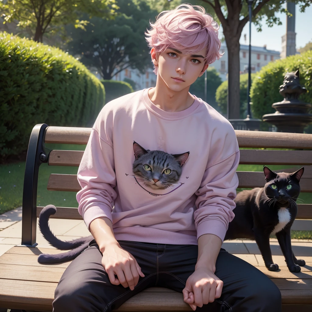 (Realistic style) 1 man, young man, focus alone, adult, young adult face, short pink hair, wavy hair, purple eyes, white sweatshirt casual clothing, stroking a 1 black cat sitting on a bench in a park, perfect cat, detailed cat, realistic and dynamic pose Realistic, detailed and correct facial structure
