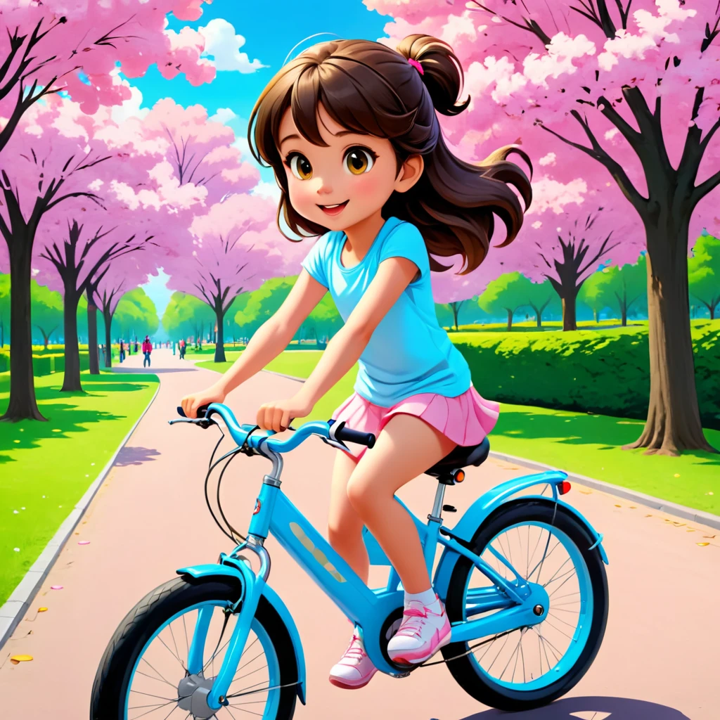 a cute 10 years old girl is riding a bike in a park, highres, high quality, masterpiece, amazing, beautiful, breathtaking, astonishing, brilliant, incredible,