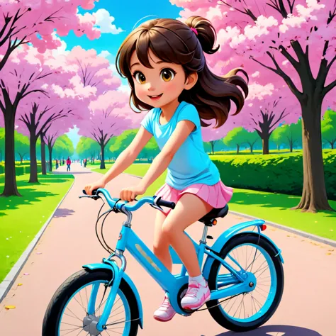 a cute 10 years old girl is riding a bike in a park, highres, high quality, masterpiece, amazing, beautiful, breathtaking, aston...