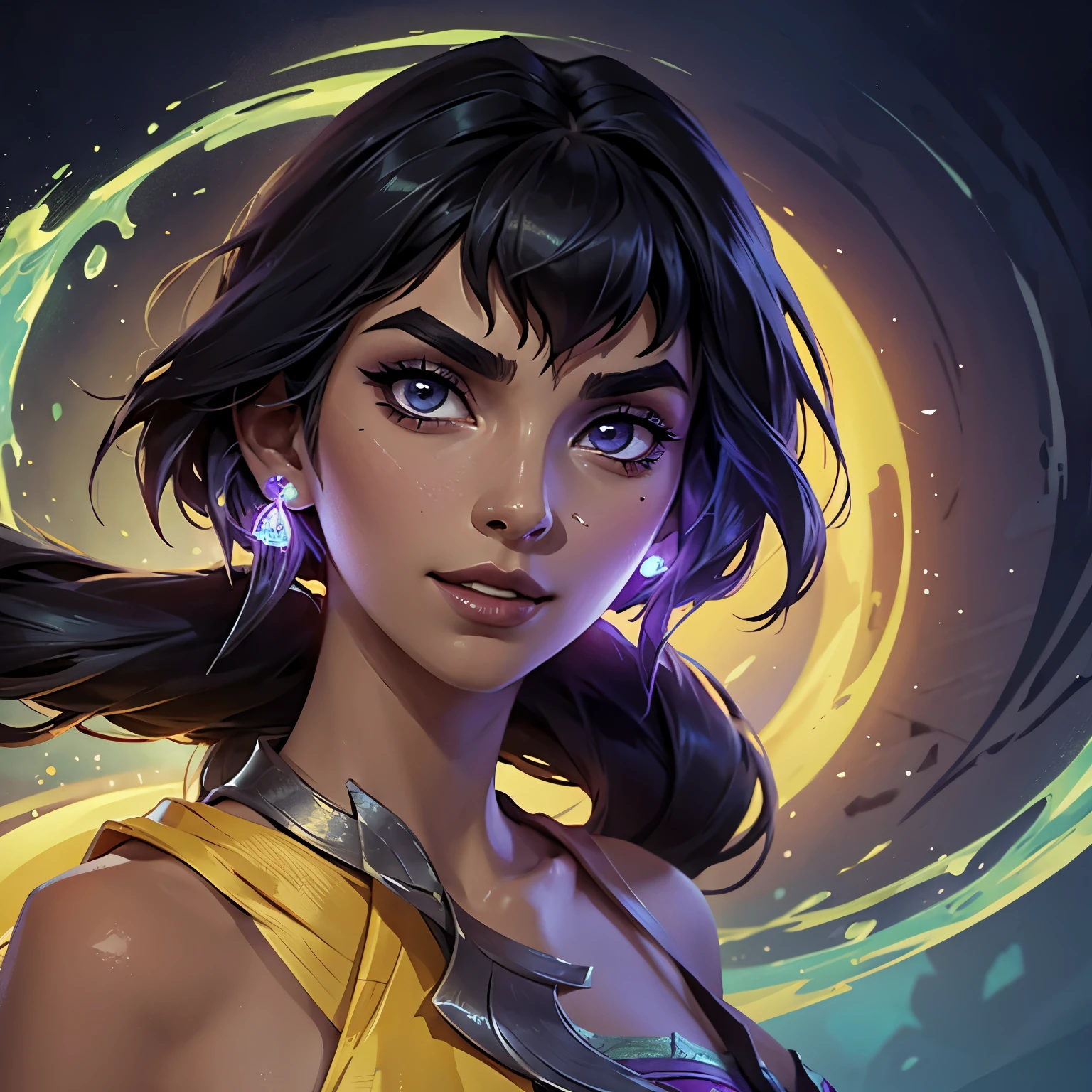 nilah \(league of legends\), 1girl, close up to face , arched eyebrows , elegant sensual smile , glowy eyes
