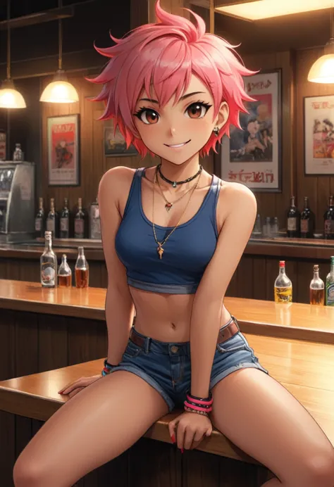 childish, tomboy, skinny, black skin, punk girl, short pink hair, brown eyes, flat chest, perky ass, thick necklace, wristbands,...
