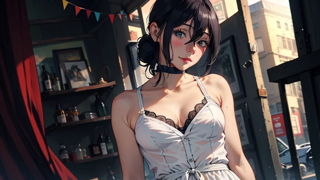 (Very detailed background:1.0), (Very detailed background:1.0), (masterpiece), high quality, 1 girl, Miss, Tattoo, Izumi, Depth of Field, Dynamic lighting, high quality陰影, Feminine, Deep V neckline, bra curtain, Revealing clothes, , White dress, cut, 深藍色鮑伯cut,Bangs