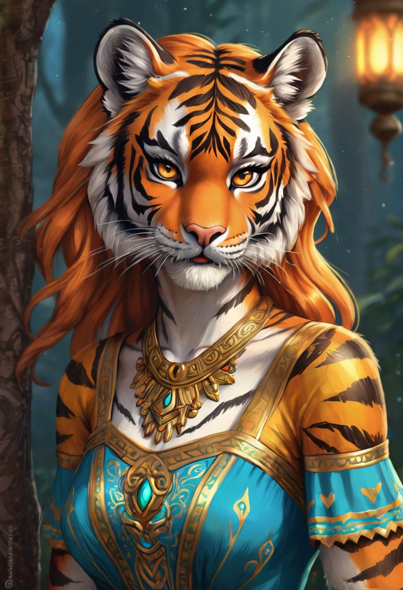 Crie uma ilustração realista, desenhado à mão, imagem colorida de uma mulher tigre antropomórfica. A arte deve ser renderizada no estilo de "sopro da natureza," com iluminação quente e sombras. Inclui sombreamento de grafite, marcas de estêncil, e efeitos de tinta acrílica retocada. vestir.  cabelo longo laranja. A imagem deve ser da mais alta qualidade, uma obra-prima com detalhes intrincados. As mulheres tigres deveriam ter uma fêmea, humanóide, aparência. Ela deveria ter lábios deliciosos, um sorriso largo, e brilhante, Olhos expressivos, Exalando beleza, fofura, e adorabilidade. Certifique-se de que a imagem seja de alta resolução e detalhada, com um fundo detalhado e vibrante. incorporar iluminação mística no fundo, criando uma atmosfera romântica e encantadora.
