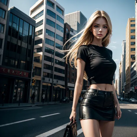 a woman standing in the middle of a city street, wearing a black miniskirt and a black cropped top, blonde long hair,(best quali...