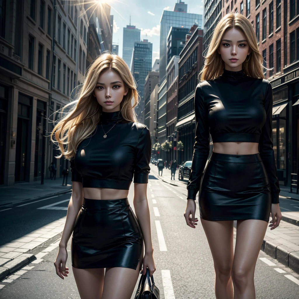 a woman standing in the middle of a city street, wearing a black silk miniskirt and a black cropped top with Vshape, blonde long hair,(best quality,4k,8k,highres,masterpiece:1.2),ultra-detailed,(realistic,photorealistic,photo-realistic:1.37),beautiful detailed eyes,beautiful detailed lips,extremely detailed eyes and face,longeyelashes,city background,urban landscape,modern architecture,sunlight,natural lighting,cinematic,elegant,fashionable,atmospheric
