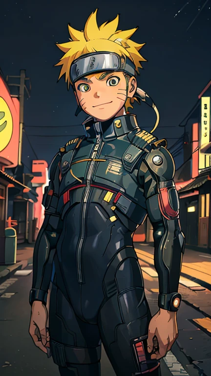 (8k),(masterpiece),(Japanese),(13-year-old boy),((innocent look)),((Childish)),From the front,smile,cute,Innocent,Kind eyes,Flat chest, Uzumaki Naruto wearing Cyberpunk Bodysuit,Short,Hair blowing in the wind,Yellow Hair,Strong wind,night,dark, Neon light cyberpunk Konoha village