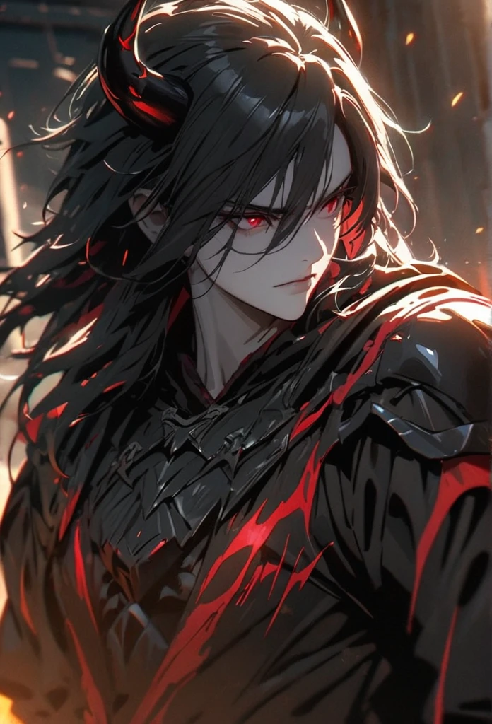 (solo), Demon lord, masculine, black hair, messy hair, mane hair, medium hair, A man bun with long hair, dense hair, wild hair, expressive hair, mature,(25 year old), pale skin, red eyes, ((man)), wearing a black robe, black armor, black demon horns,, serious, handsome, attractive, eye reflection, depth of field, thunder aura,cinematic lighting, ray tracing, depth of field, cinematic lighting, ray tracing, UHD, high details, best quality, highres, high quality, award winning, super detail, masterpiece, 8k, UHD, high details, best quality, highres, high quality, award winning, super detail, masterpiece, 8k, digital art, anime coloring, full body, body shot, good face, perfect face, detailed face, good eyes, sitting on a throne