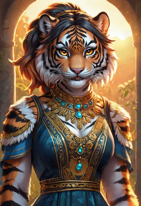 create an realistic illustrated, hand-drawn, full-color image of an anthropomorphic tiger women. the artwork should be rendered ...