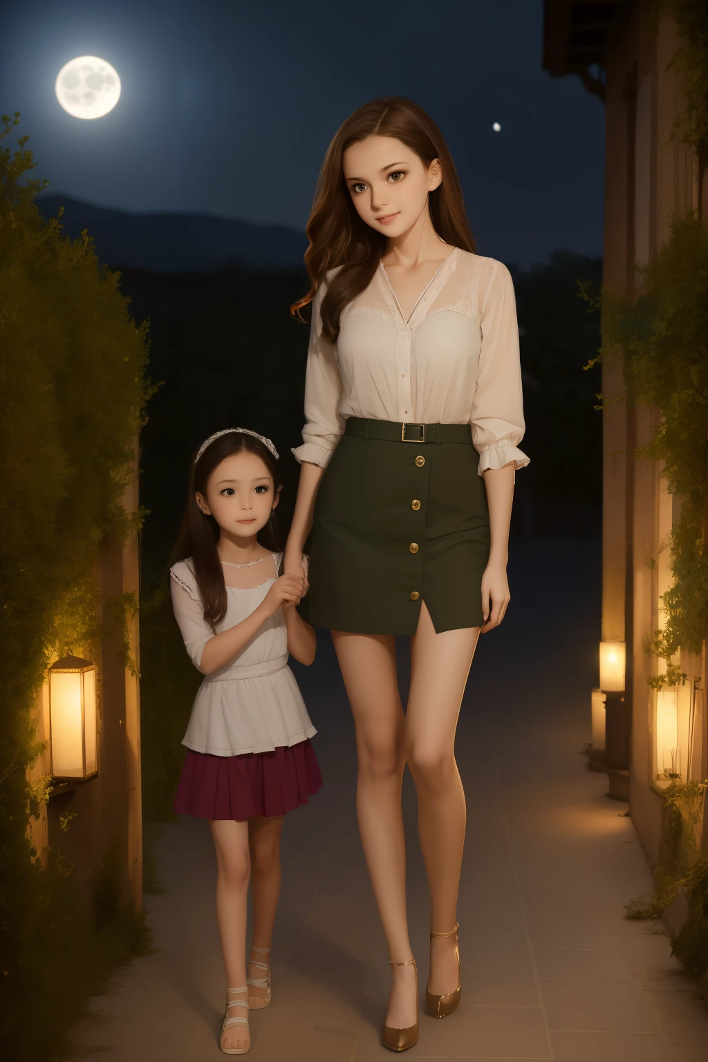 full figure sexy full figure  skinny mom 33 years old  woman whit 13 years old daughter at a  inside a palladian villa, wearing very short miniskirt, micro top, light brown hair and dark green eyes
. cinematic, moonlight, night,