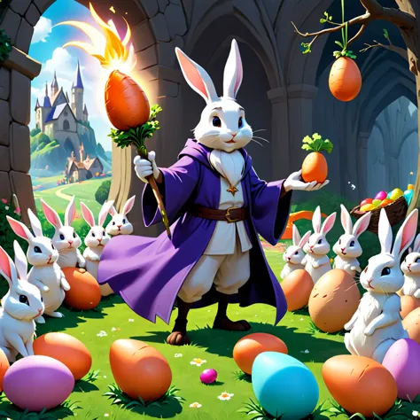 bunnies, easter decorated eggs, easter theme,
a wizard accidentally turning his magic staff into a giant carrot, with a group of...