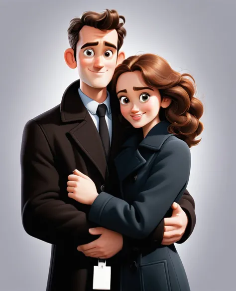 (disney pixar style:1.2) (Cute adorable girl:1.1) (adult aged 20:1.15), um casal, dressed in a black coat, are embraced in a war...
