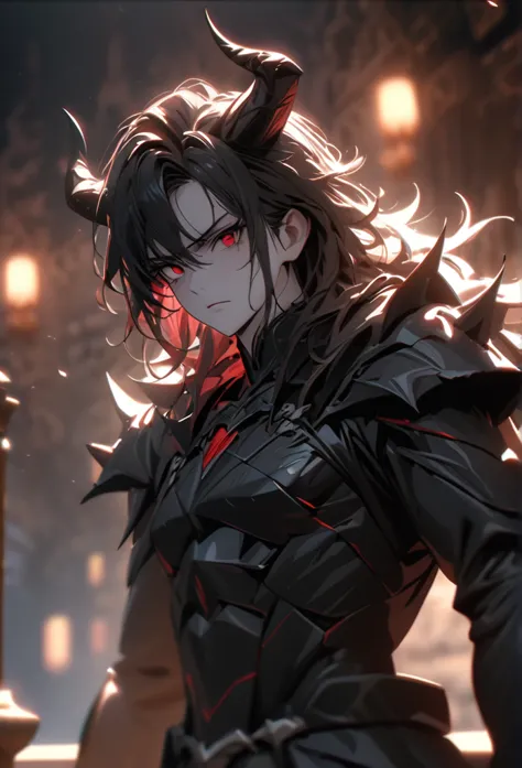 (solo), demon lord, masculine, black hair, messy hair, mane hair, medium hair, a ponytail, dense hair, wild hair, expressive hai...