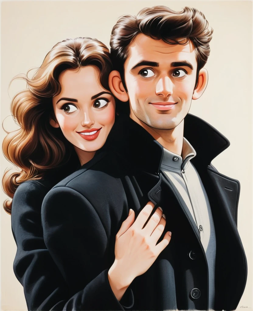 (drawing style) (adult aged 20:1.15), um casal, dressed in a black coat, are embraced in a warm embrace, The woman, positioned on the left side of the frame, long time, curly brown hair . her right arm is draped over The man's shoulder,. The man, on the right side of the frame, has brown hair and a happy expression he wears a black coat, White background.