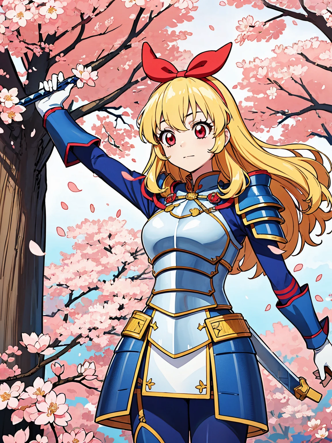 Solitary, 1 girl, Keep, arms, , sword, cape, armor, warrior刀, helmet, Gloves, sheath, japanese armor, armor, warrior，Cherry Blossoms，Cherry blossom petals flying background（（（masterpiece）））， （（best quality））， （（Intricate details））（8K）,hoshimiya ichigo,