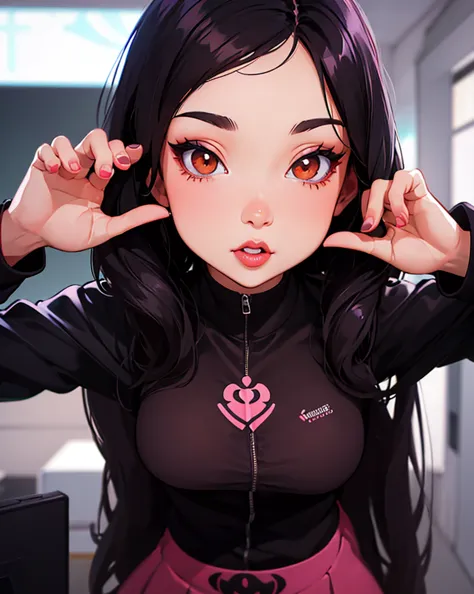 There is a woman posing for a photo in front of a computer, He nods, Hermosa Delphine, Ilya Kuvshinov con cabello largo, Streame...