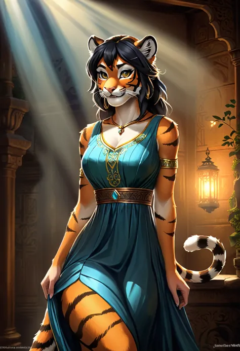 Create an realistic illustrated, hand-drawn, full-color image of an anthropomorphic tiger women. The artwork should be rendered ...