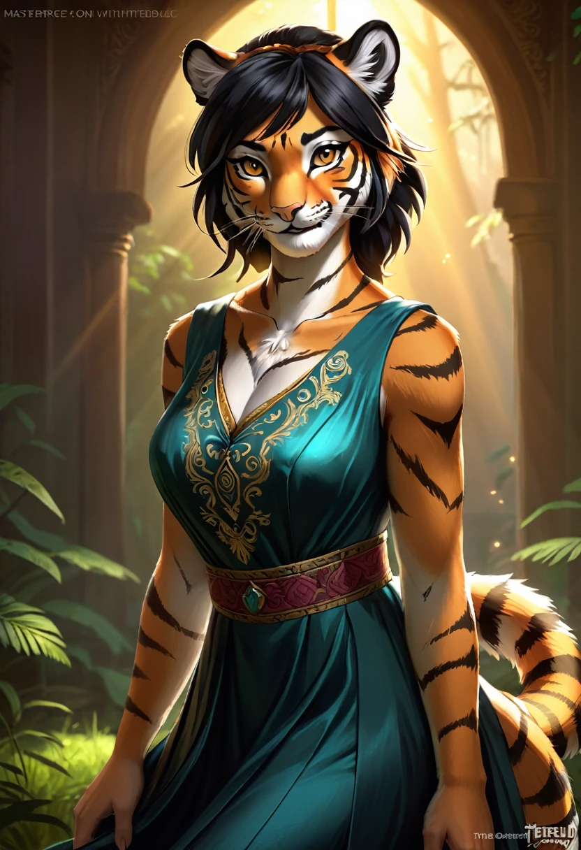 Create an realistic illustrated, hand-drawn, full-color image of an anthropomorphic tiger women. The artwork should be rendered in the style of "Breath of the Wild," featuring warm lighting and shadows. Include graphite shading, stencil marks, and airbrushed acrylic paint effects. dress. Long orange and black striped hair. The image should be of the highest quality, a masterpiece with intricate details. The tiger women should have a female, humanoid, appearance. She should have luscious lips, a wide smile, and bright, expressive eyes, exuding beauty, cuteness, and adorableness. Ensure the image is high resolution and sharply detailed, with a detailed and vibrant background. Incorporate mystical lighting in the background, creating a romantic and enchanting atmosphere.
