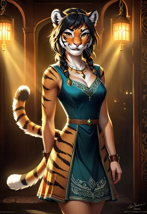 Create an realistic illustrated, hand-drawn, full-color image of an anthropomorphic tiger women. The artwork should be rendered ...