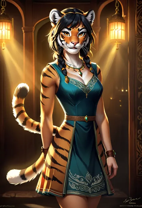 create an realistic illustrated, hand-drawn, full-color image of an anthropomorphic tiger women. the artwork should be rendered ...