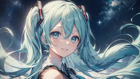 (starry sky), ((beautiful eyes)), (((hatsune miku,the best smile))), (((highest quality、masterpiece、ultra-fine、ultra-fine、exquis...