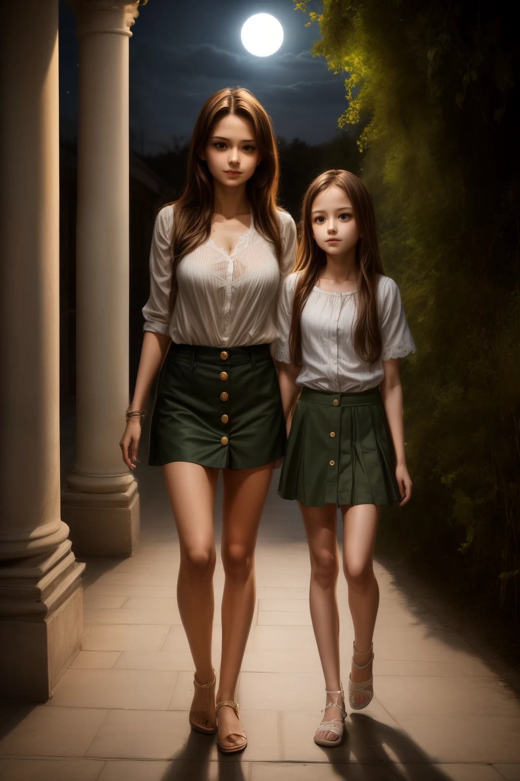 full figure sexy full figure skinny mom 33 years old woman whit 13 years old daughter at a inside a palladian villa, wearing very short miniskirt, micro top, light brown hair and dark green eyes . cinematic, moonlight, night,