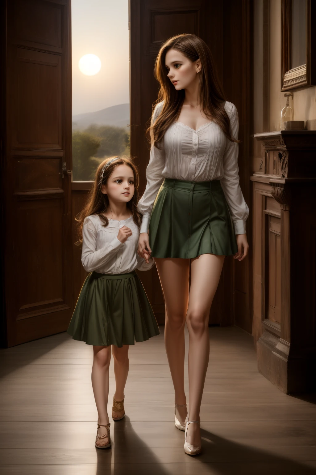 full figure sexy full figure skinny mom 33 years old woman whit 13 years old daughter at a inside a palladian villa, wearing very short miniskirt, micro top, light brown hair and dark green eyes . cinematic, moonlight, night,