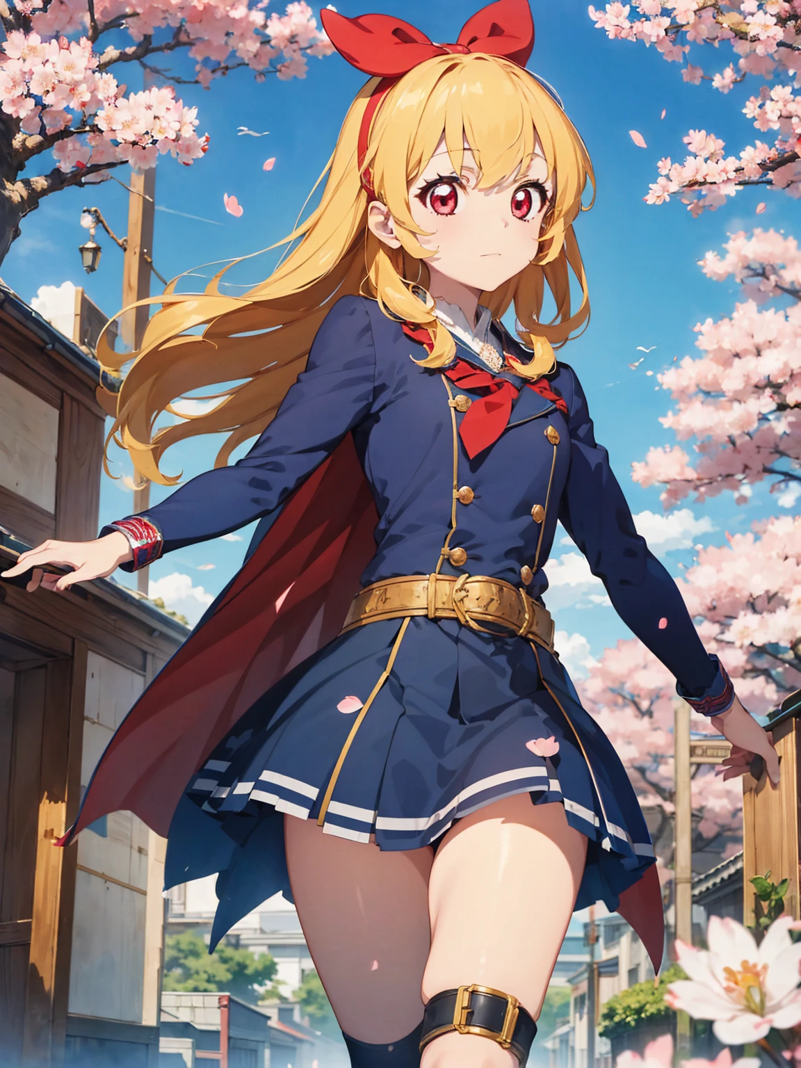 Solitary, 1 girl, Keep, arms, , sword, cape, armor, warrior刀, helmet, Gloves, sheath, japanese armor, armor, warrior，Cherry Blossoms，Cherry blossom petals flying background（（（masterpiece）））， （（best quality））， （（Intricate details））（8K）,hoshimiya ichigo,