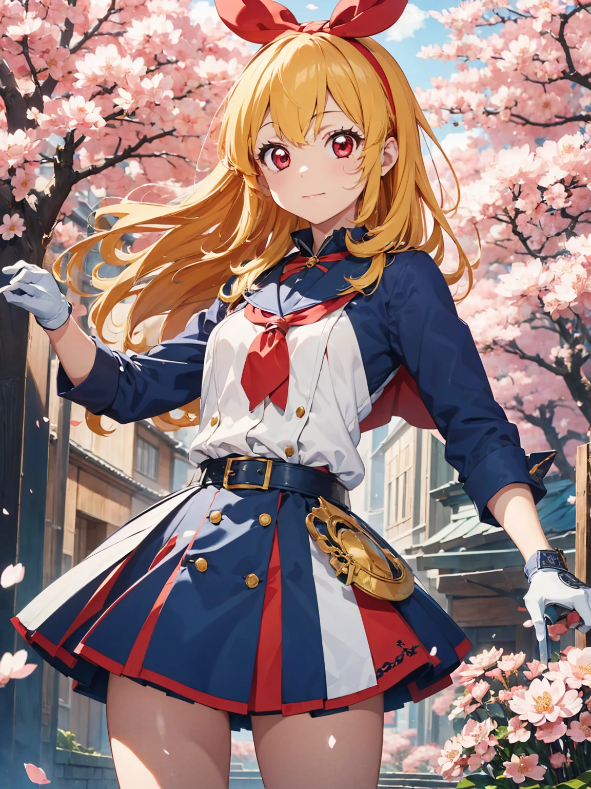 Solitary, 1 girl, Keep, arms, , sword, cape, armor, warrior刀, helmet, Gloves, sheath, japanese armor, armor, warrior，Cherry Blossoms，Cherry blossom petals flying background（（（masterpiece）））， （（best quality））， （（Intricate details））（8K）,hoshimiya ichigo,