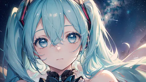 (starry sky), ((beautiful eyes)), (((hatsune miku))), (((highest quality、masterpiece、ultra-fine、ultra-fine、exquisite、16k、full hd...