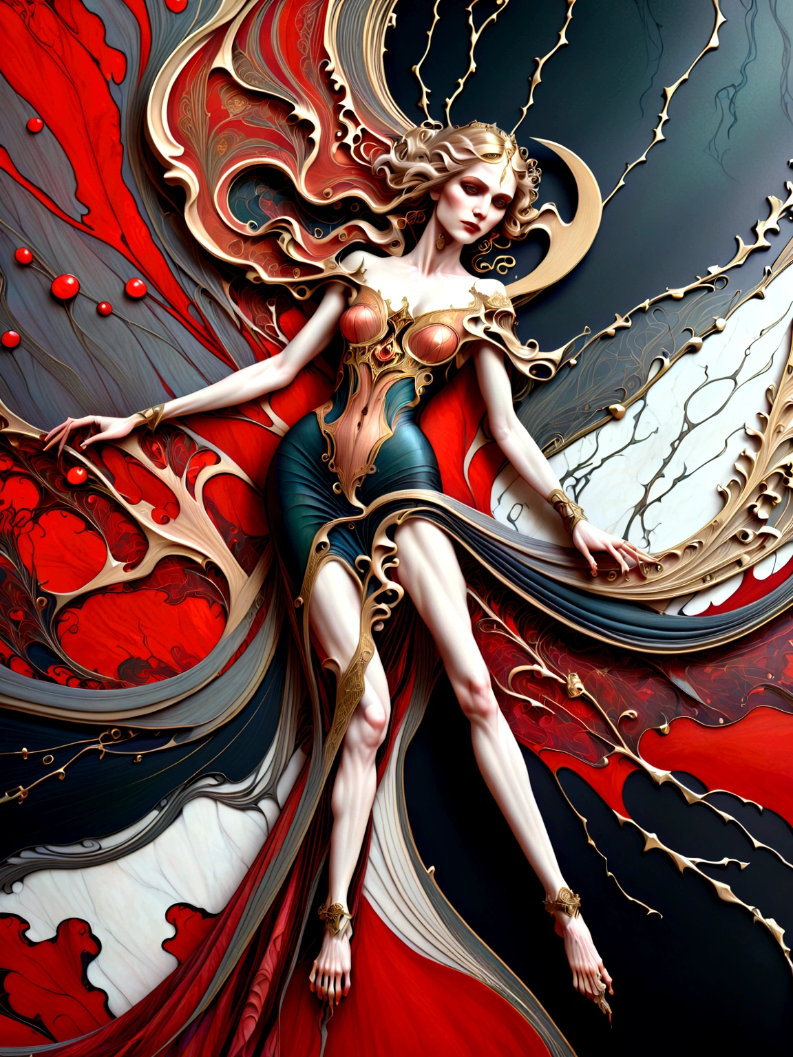 a beautiful illustration of a vampire woman made from an abstract marble texture, with colors of black, red and gold, highly detailed, intricate design, marble material, BY Anne Bachelier,