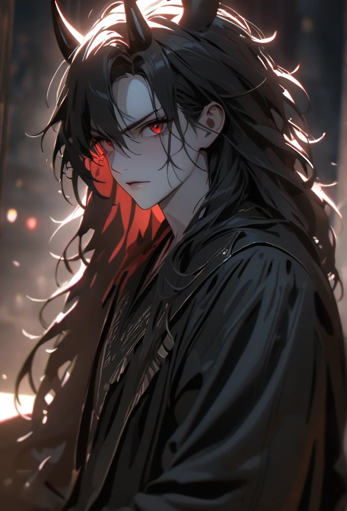 (solo), masculine, black hair, messy hair, mane hair, long hair, dense hair, wild hair, expressive hair, mature,(25 year old), pale skin, red eyes, ((man)), wearing a black robe, black demon horns,, serious, handsome, attractive, eye reflection, depth of field, thunder aura,cinematic lighting, ray tracing, depth of field, cinematic lighting, ray tracing, UHD, high details, best quality, highres, high quality, award winning, super detail, masterpiece, 8k, UHD, high details, best quality, highres, high quality, award winning, super detail, masterpiece, 8k, digital art, anime coloring, full body, body shot, good face, perfect face, detailed face, good eyes, sitting on a throne