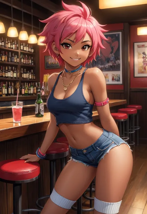 childish, tomboy, skinny, black skin, punk girl, short pink hair, brown eyes, flat chest, perky ass, thick necklace, wristbands,...