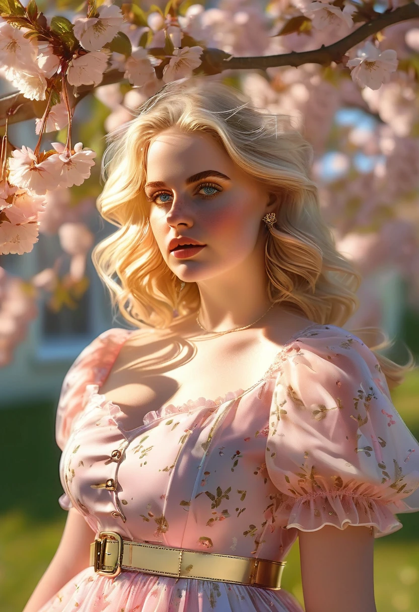 A beautiful sensual curvy blonde tween wearing a sweet Pink  Contrast Mesh, Ruffle Hem, All Over cherry blossoms Print, A Line, Short puff Sleeves, Sweetheart neckline, thin gold belt with tiny heart buckle, High Waist,Flounce hem Long gown, very long curling hair, cute, sweet, town picnic, warm  atmosphere, pretty, pretty lighting, 8k, octane render, detailed, detailed background, 35mm, realistic, photorealistic, perfect face, cherry blossoms barrettes in hair, freckles, risqué poses, ((American face)), American, ((Billie Eillish))