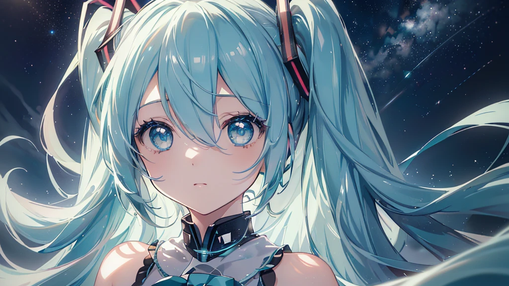 (cielo estrellado), ((Ojos bonitos)), (((Hatsune Miku))), (((de la máxima calidad、obra maestra、Ultra-fine、Ultra-fine、Exquisito、16k、full HD,))) 、Pestañas largas、piel blanca、(delgado y largo)、 ((lindo)) ((One person)),disminuir el zoom,(Una composición magnífica、proporción épica)、iluminación dinámica