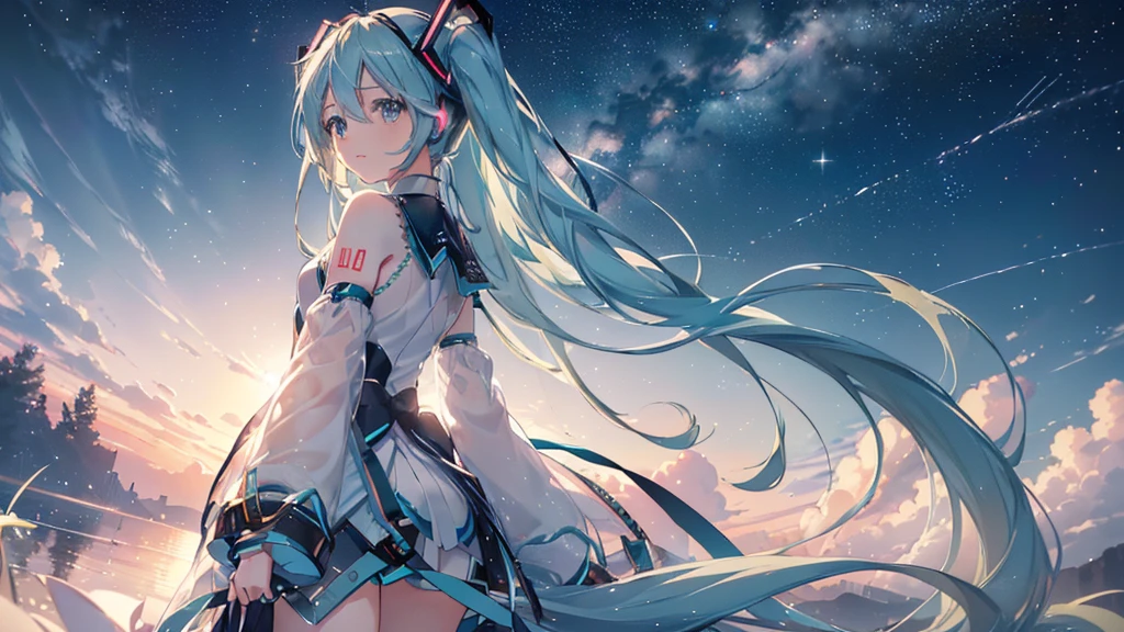 (sternenklarer Himmel), ((wunderschöne Augen)), (((Hatsune Miku))), (((höchste Qualität、Meisterwerk、ultrafein、ultrafein、exquisit、16K、Full HD,))) 、lange Wimpern、weiße Haut、(dünn und lang)、 ((Niedlich)) ((eine Person)),Rauszoomen,(Eine großartige Komposition、epischer Anteil)、dynamische Beleuchtung