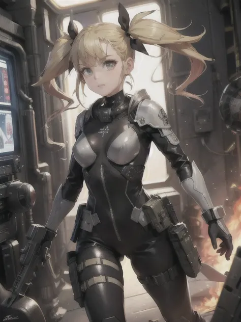1 european woman in combat clothes,detailed beautiful face,blonde twintails hair ribbon hair,black battle suit, sci-fi,in spaces...
