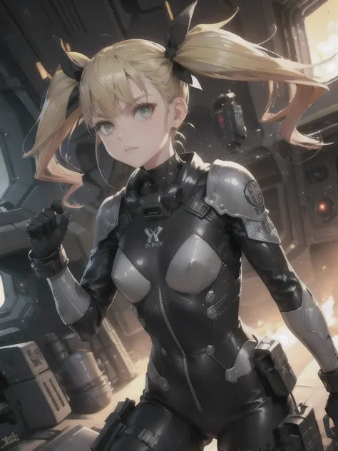 1 european woman in combat clothes,detailed beautiful face,blonde twintails hair ribbon hair,black battle suit, sci-fi,in spaces...