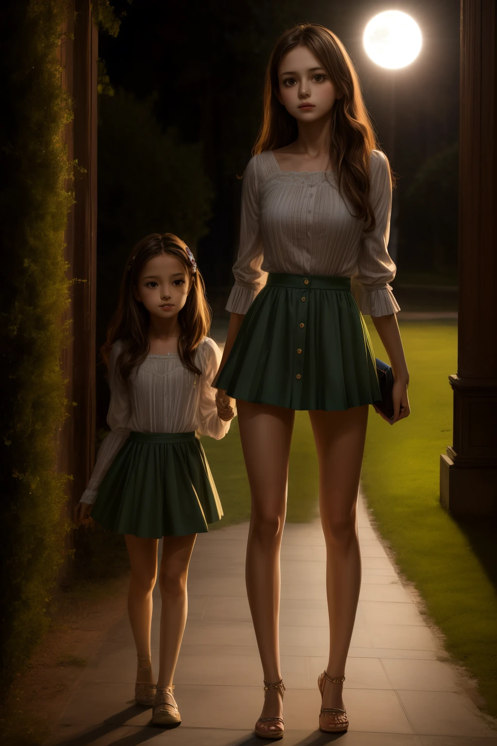 丰满身材性感丰满身材瘦妈妈 33 岁的女人与 13 岁的女儿在帕拉第奥式别墅内, 穿着很短的迷你裙, 微顶, 浅棕色的头发和深绿色的眼睛 . 電影, 月光, 夜晚,